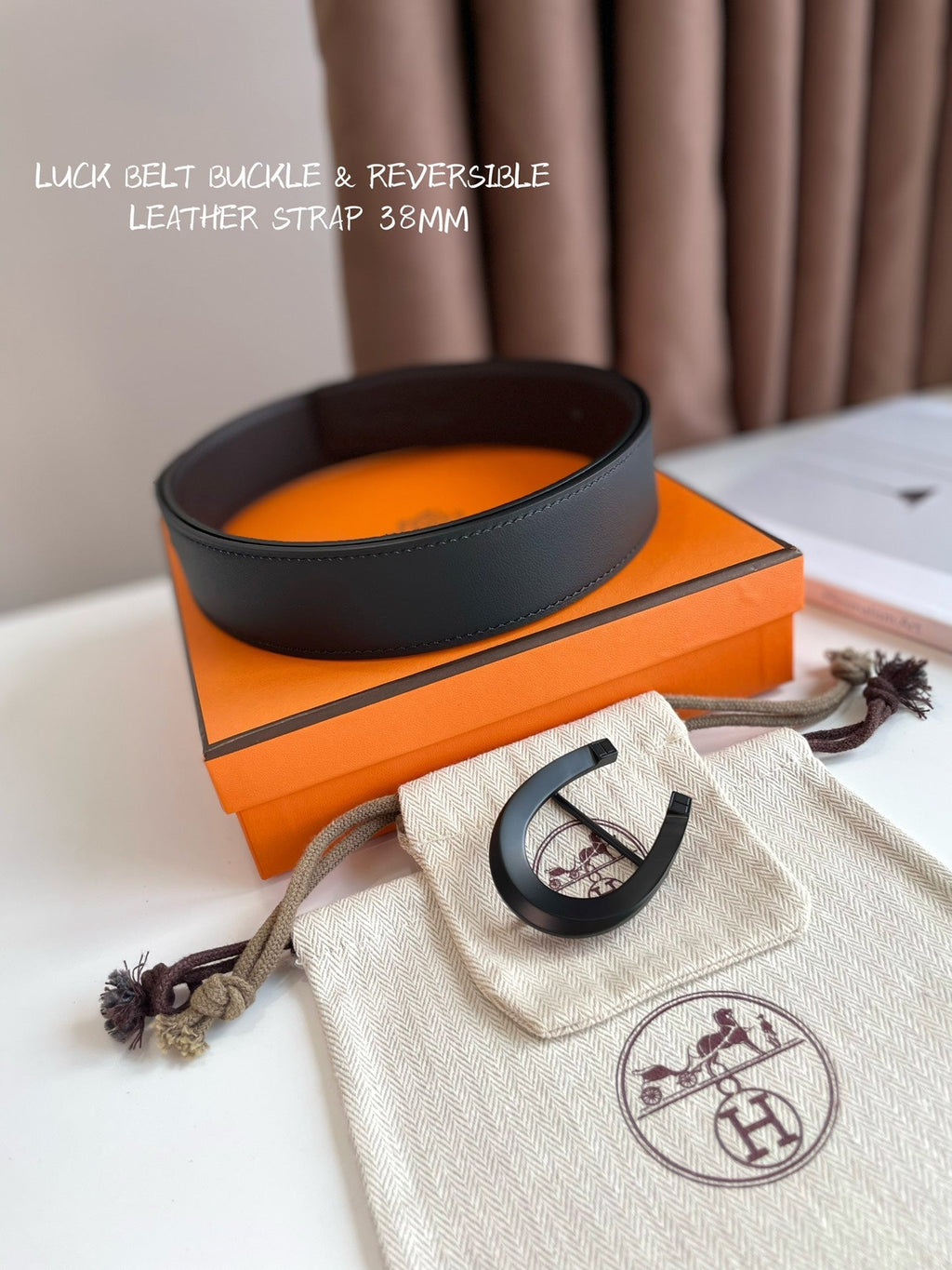 HERMES LUCK BELT BUCKLE & REVERSIBLE CHOCOLATE BROWN LEATHER STRAP 38MM BLACK HARDWARE