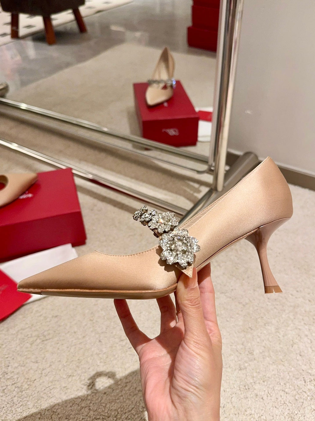 EFFLORESCENCE MARY JANE PUMPS IN TAN BEIGE SILK