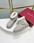 VIV’ WINTER FUR STRASS BUCKLE ANKLE BOOTS IN LIGHT GREY SUEDE