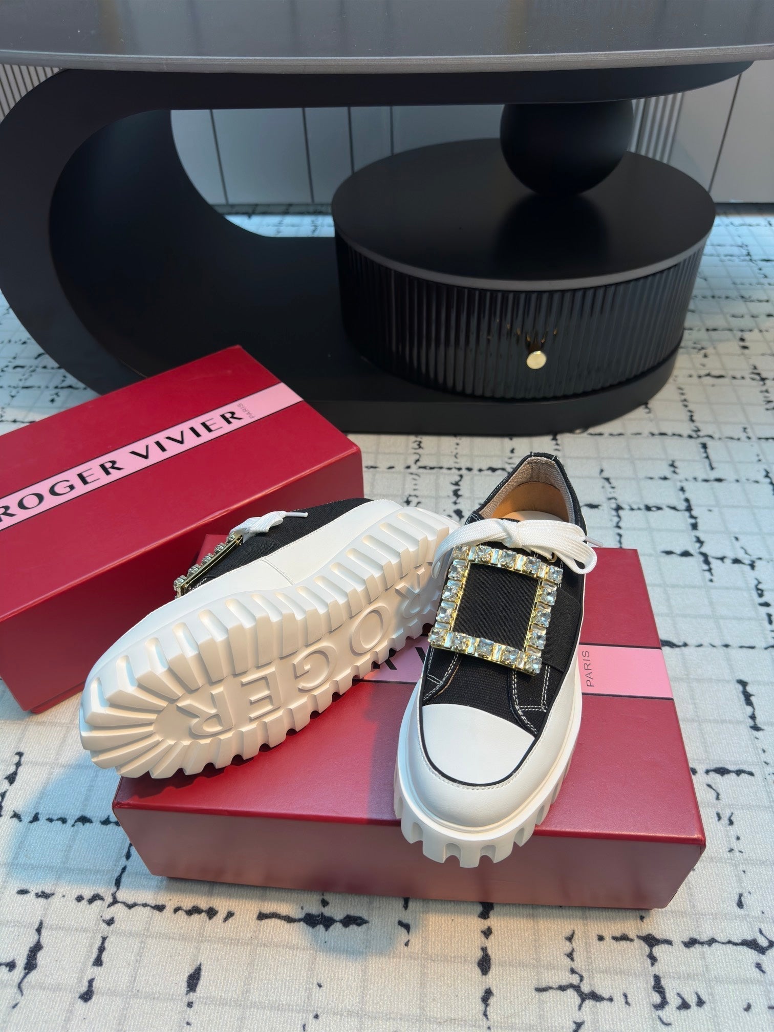 VIV' GO-THICK STRASS BUCKLE SLIP-ON SNEAKERS IN BLACK CANVAS