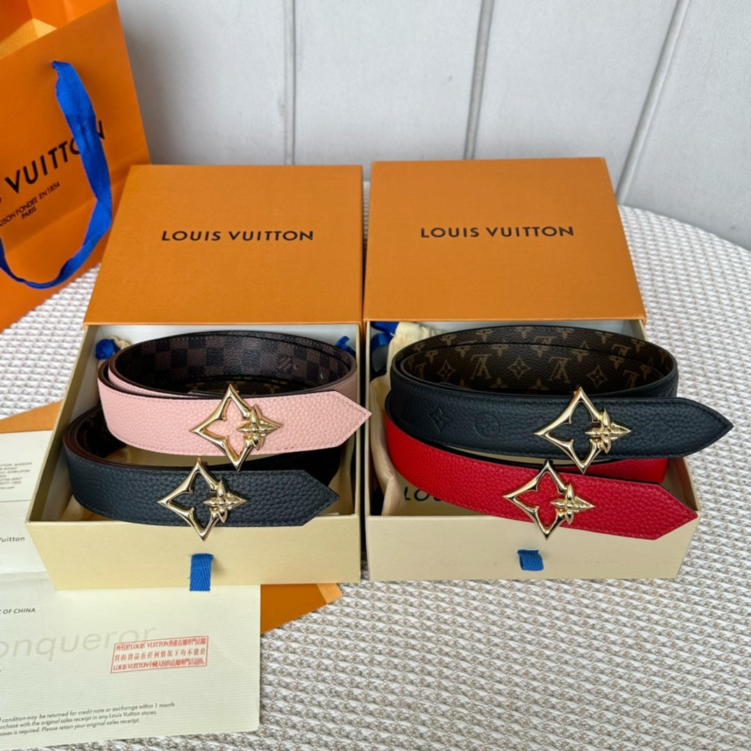 LOUIS VUITTON LV FLOWERGRAM 30MM REVERSIBLE BELT IN LIGHT PINK CALFSKIN GOLD HARDWARE